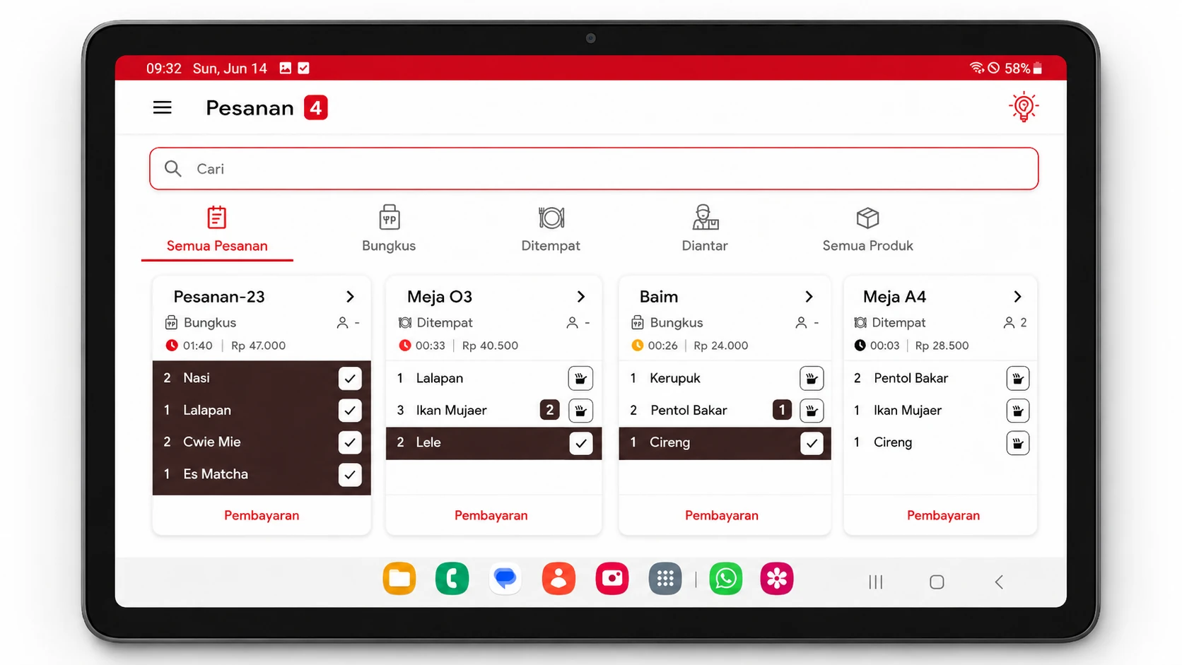 Daftar pesanan aktif GoePOS dengan status item yang sedang diproses