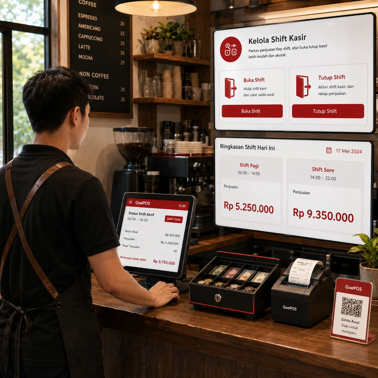 Ilustrasi fitur Cash Drawer GoePOS untuk memantau performa shift kasir