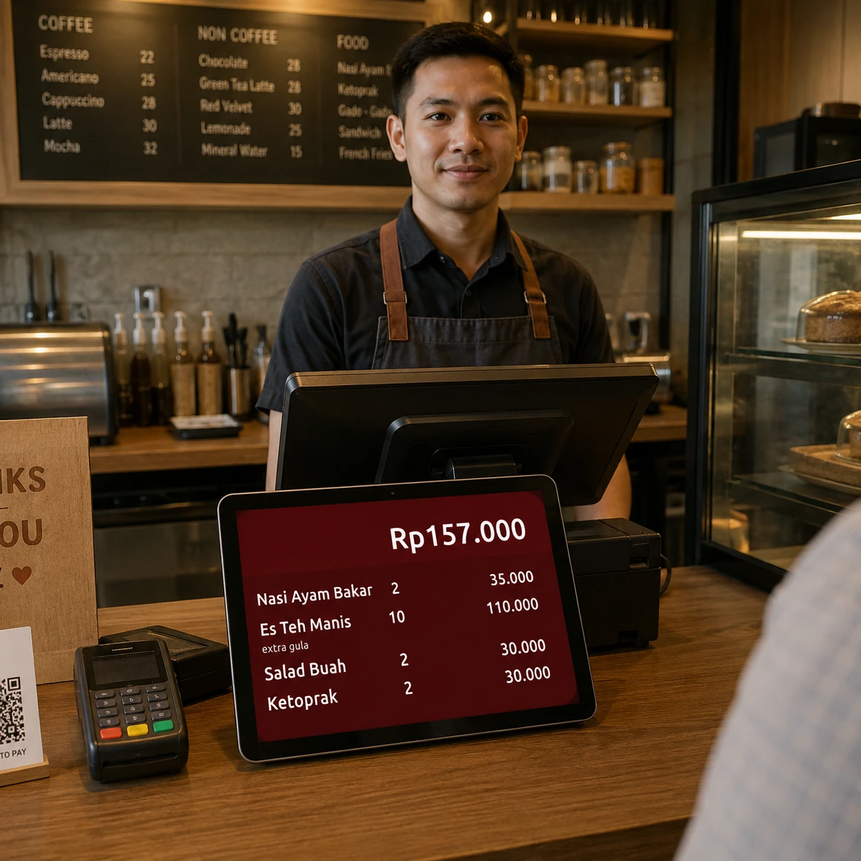Customer display GoePOS menampilkan pesanan dan total pembayaran kepada pelanggan