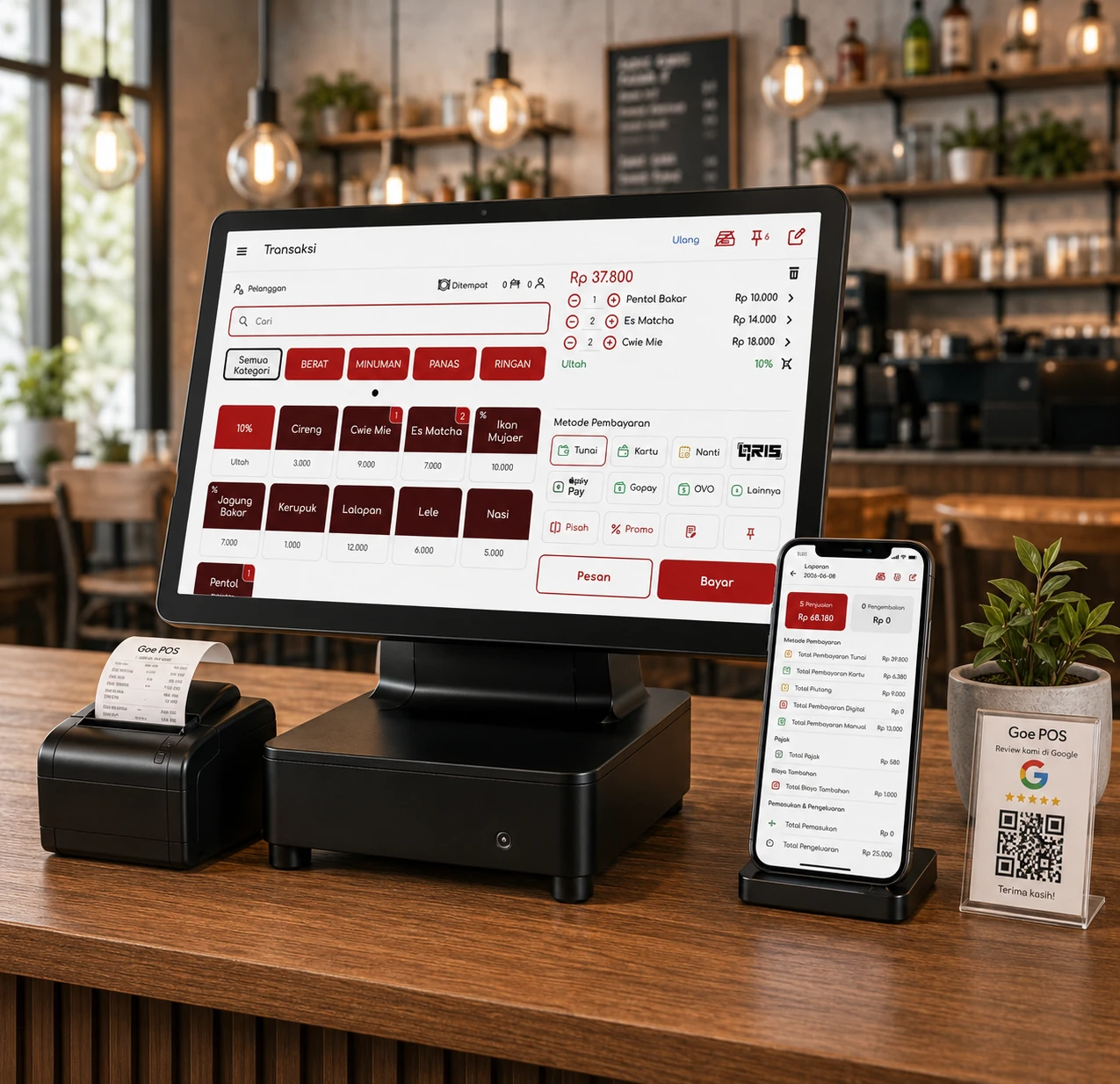 Aplikasi kasir GoePOS tampil di tablet, ponsel, dan perangkat kasir untuk restoran