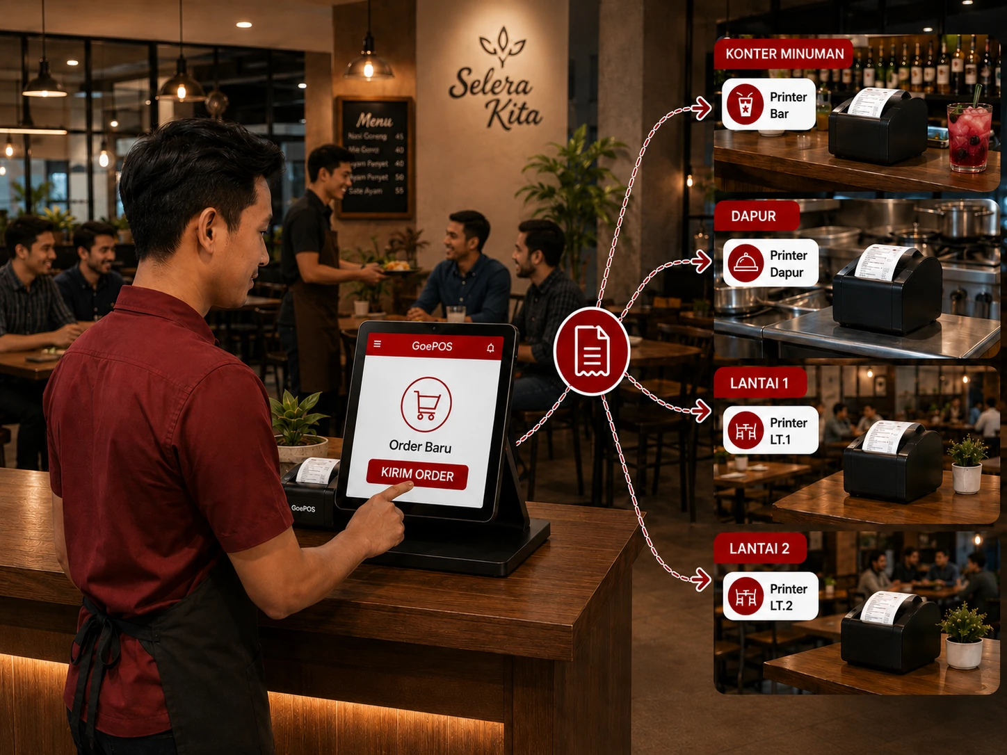 Order GoePOS terkirim otomatis ke konter minuman, dapur, lantai 1, dan lantai 2