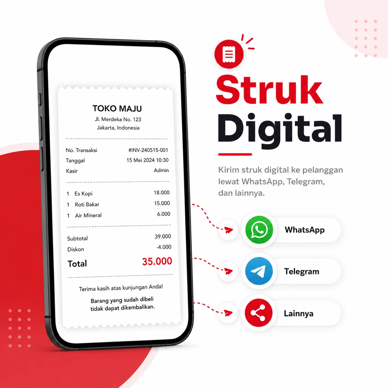 Struk digital GoePOS bisa dikirim melalui WhatsApp, Telegram, dan aplikasi lainnya